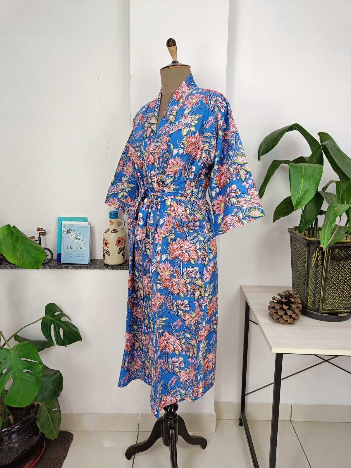 Boho Cotton Kimono House Robe Indian Handprinted Botanical Patter | Lightweight Summer Luxury Beach Holidays Yacht Cover Up Stunning Dress - The Eastern Loom