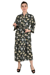 Boho Cotton Kimono House Robe Indian Handprinted Botanical Pattern | Lightweight Summer Luxury Beach Holidays Yacht Cover Up Stunning Dress - The Eastern Loom