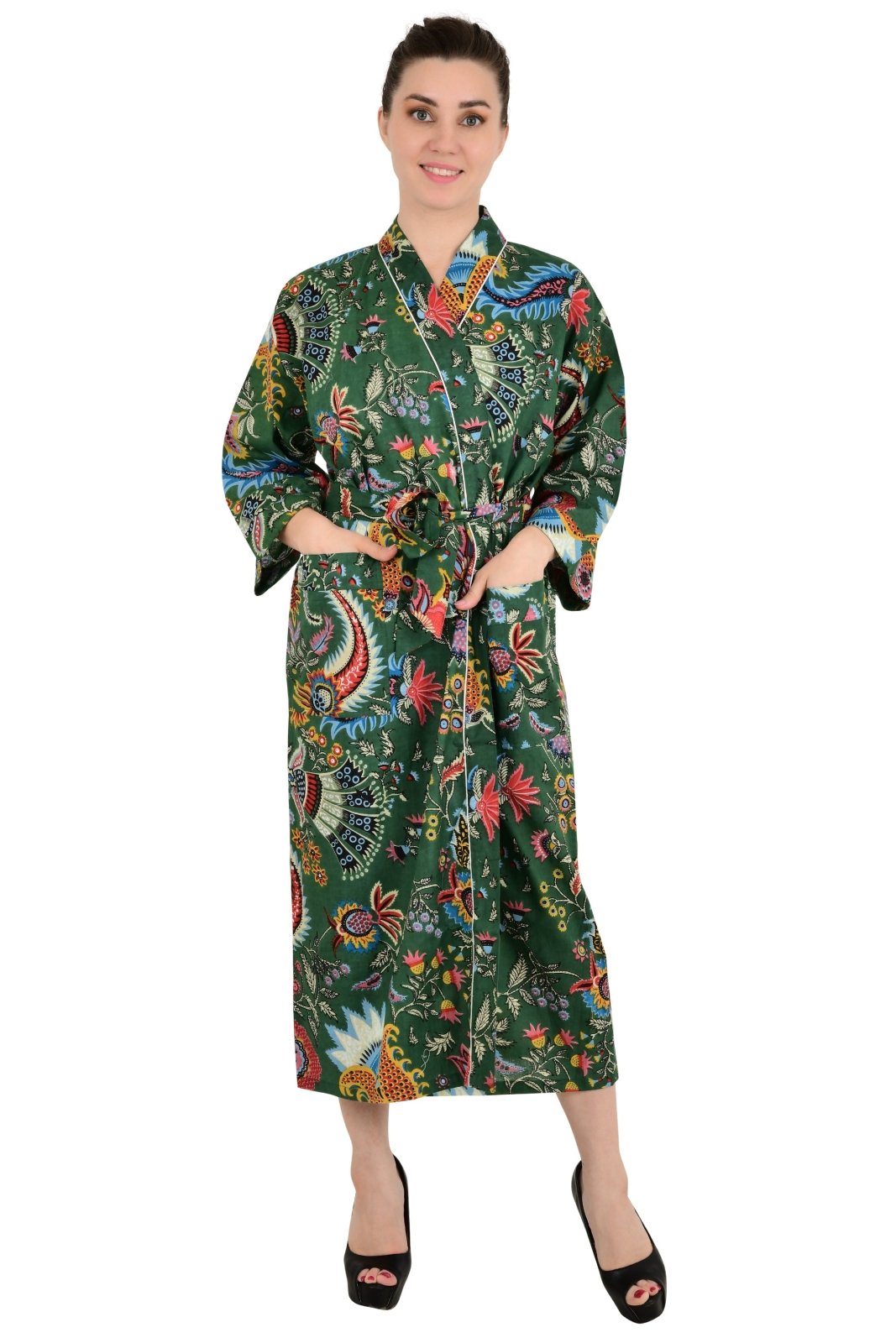 Boho Cotton Kimono House Robe Indian Handprinted Botanical Print Pattern | Lightweight Summer Luxury Beach Holidays Yacht Cover Up Stunning Dress - The Eastern Loom