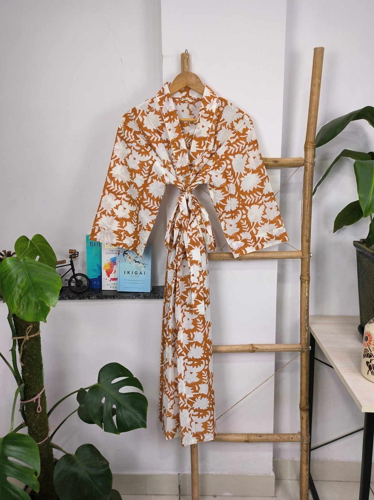 Boho Cotton Kimono House Robe Indian Handprinted Brown White Floral | Lightweight Summer Luxury Beach Holiday Cover Up Stunning Dress - The Eastern Loom