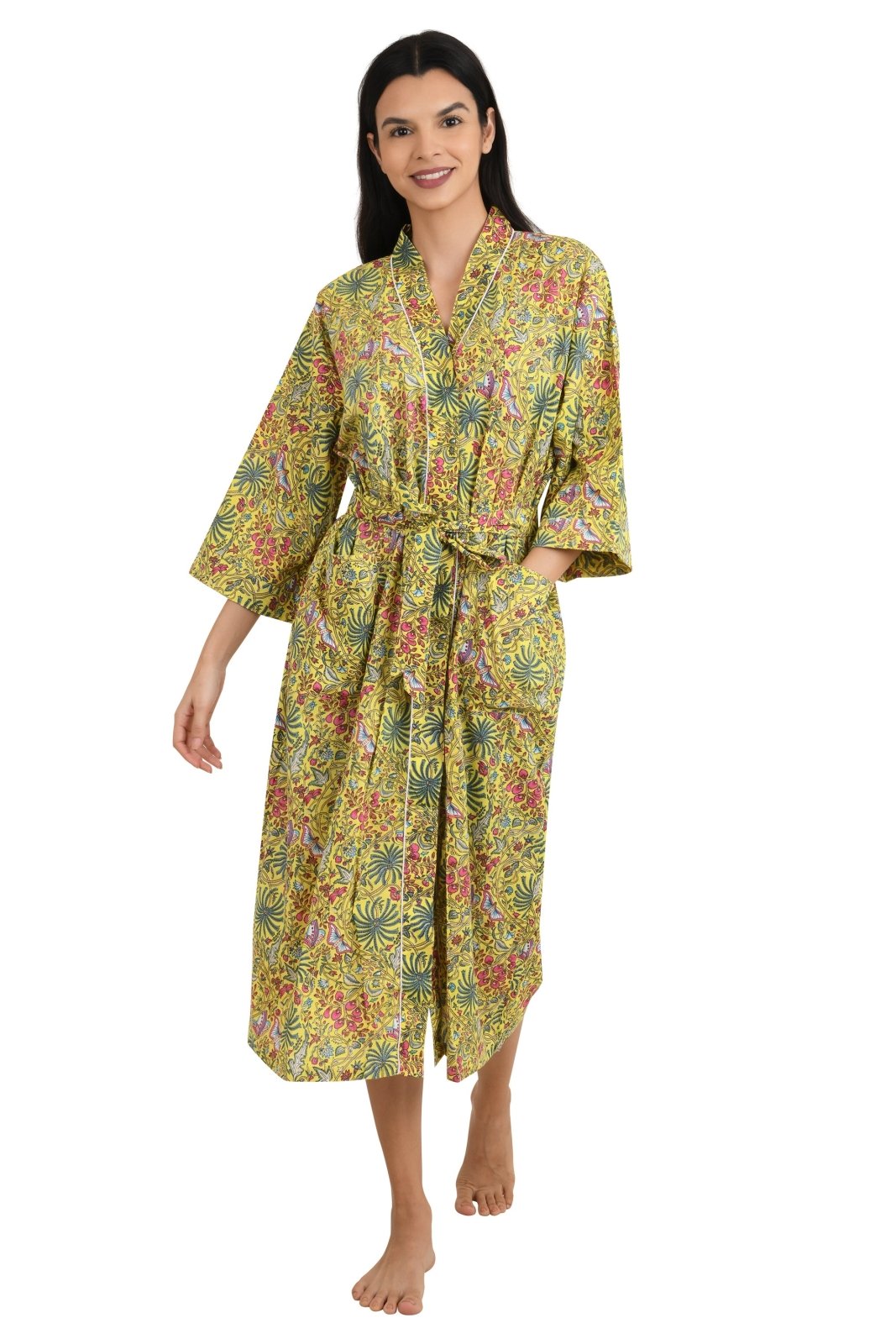 Boho Cotton Kimono House Robe Indian Handprinted Butterfly Print Pattern | Lightweight Summer Luxury Beach Holidays Yacht Cover Up Stunning Dress - The Eastern Loom