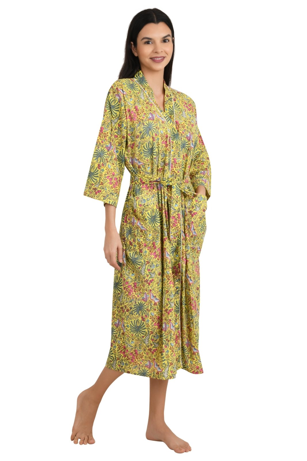 Boho Cotton Kimono House Robe Indian Handprinted Butterfly Print Pattern | Lightweight Summer Luxury Beach Holidays Yacht Cover Up Stunning Dress - The Eastern Loom