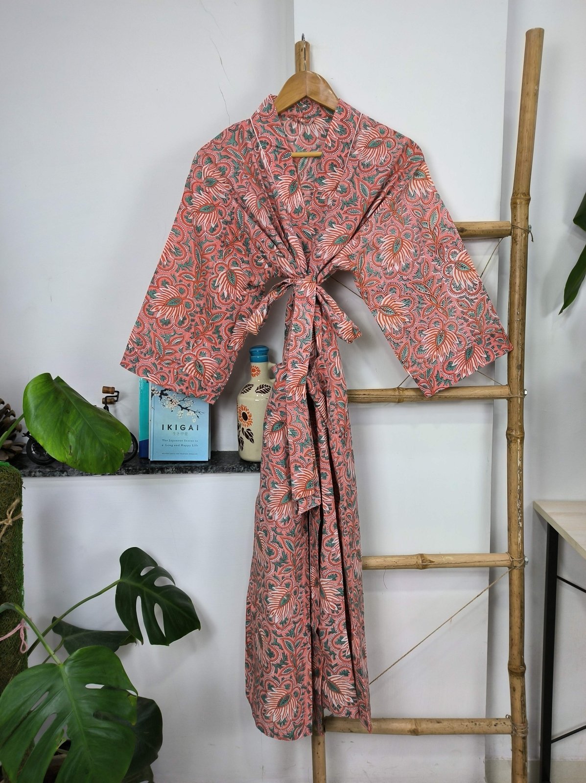 Boho Cotton Kimono House Robe Indian Handprinted Cherry Blossom Botanical | Lightweight Summer Luxury Beach Holiday Cover Up Stunning Dress - The Eastern Loom