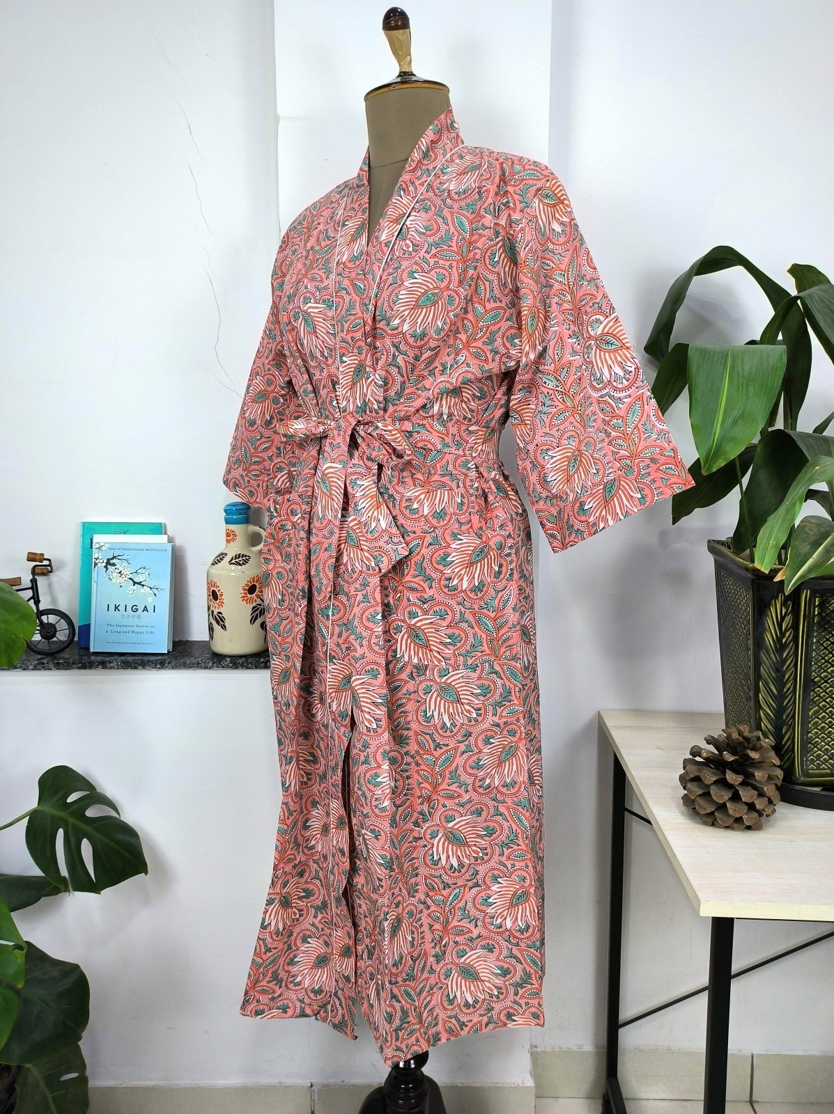 Boho Cotton Kimono House Robe Indian Handprinted Cherry Blossom Botanical | Lightweight Summer Luxury Beach Holiday Cover Up Stunning Dress - The Eastern Loom