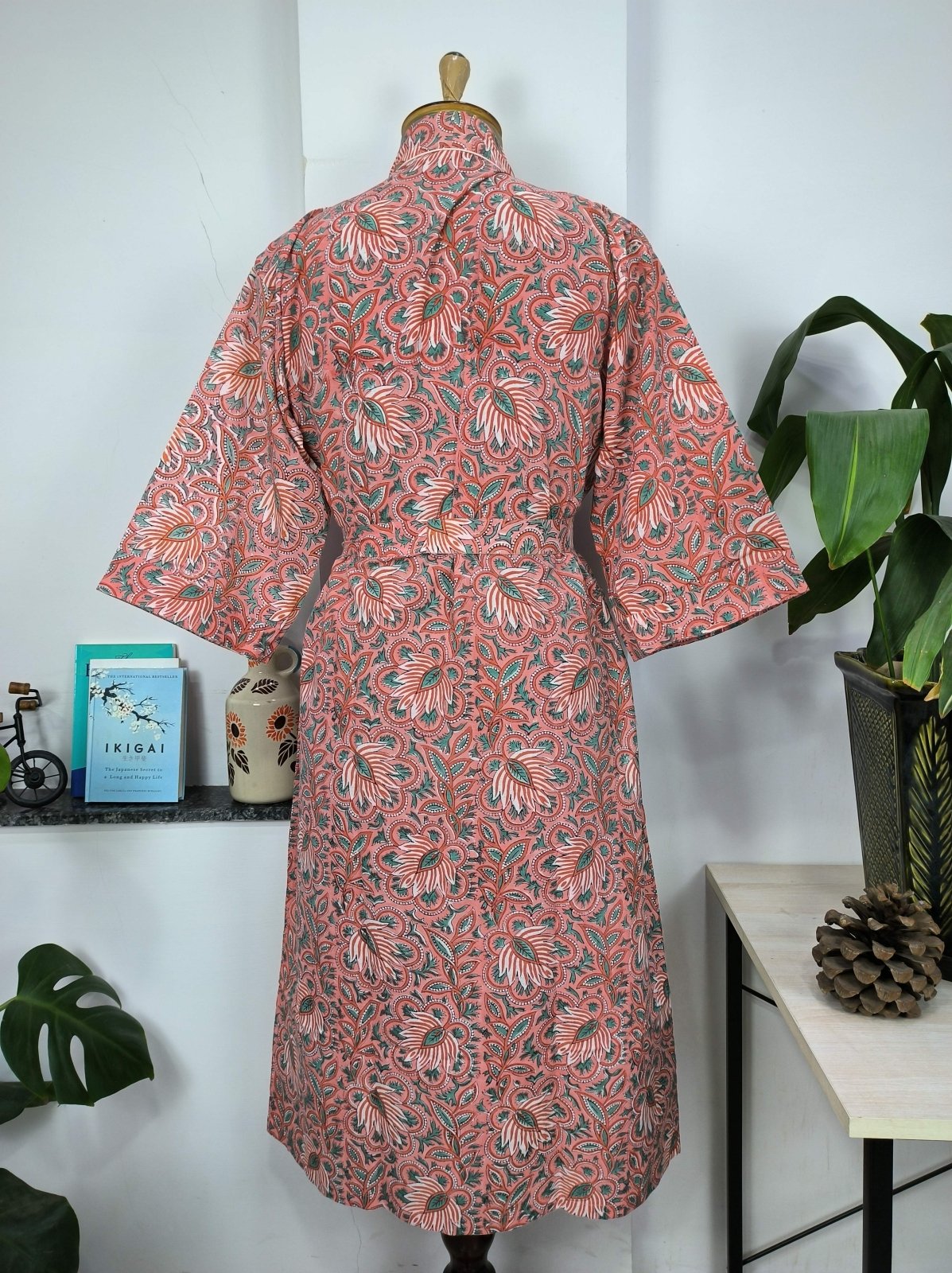 Boho Cotton Kimono House Robe Indian Handprinted Cherry Blossom Botanical | Lightweight Summer Luxury Beach Holiday Cover Up Stunning Dress - The Eastern Loom