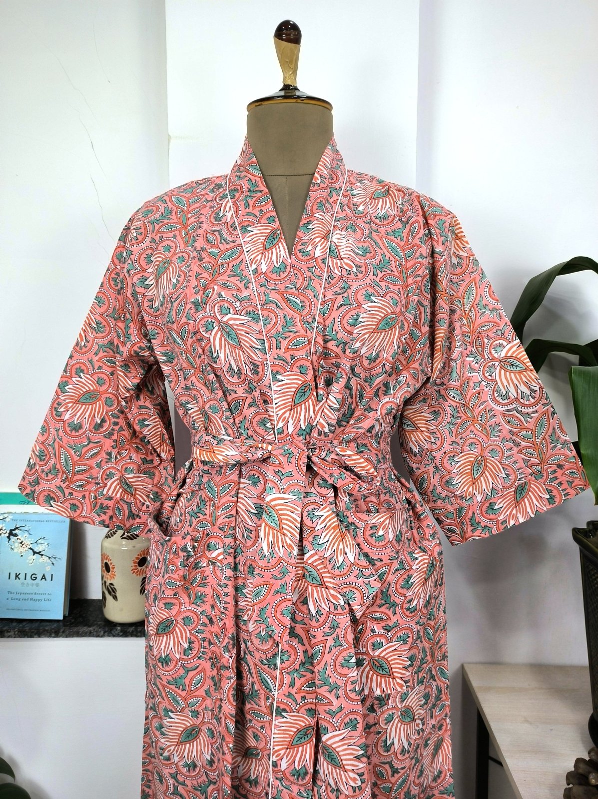 Boho Cotton Kimono House Robe Indian Handprinted Cherry Blossom Botanical | Lightweight Summer Luxury Beach Holiday Cover Up Stunning Dress - The Eastern Loom