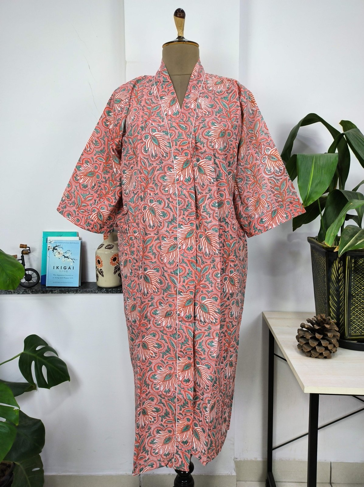 Boho Cotton Kimono House Robe Indian Handprinted Cherry Blossom Botanical | Lightweight Summer Luxury Beach Holiday Cover Up Stunning Dress - The Eastern Loom