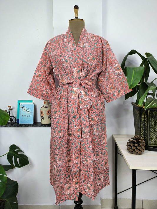 Boho Cotton Kimono House Robe Indian Handprinted Cherry Blossom Botanical | Lightweight Summer Luxury Beach Holiday Cover Up Stunning Dress - The Eastern Loom