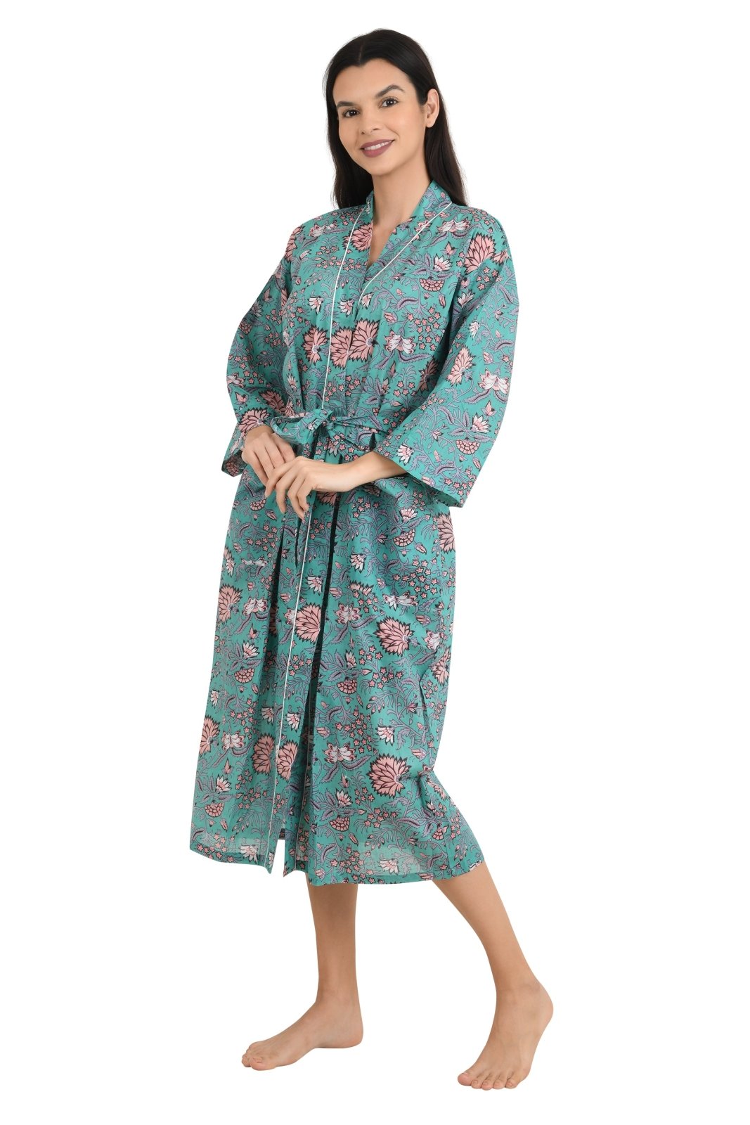 Boho Cotton Kimono House Robe Indian Handprinted Floral Print Pattern | Lightweight Summer Luxury Beach Holidays Yacht Cover Up Stunning Dress - The Eastern Loom