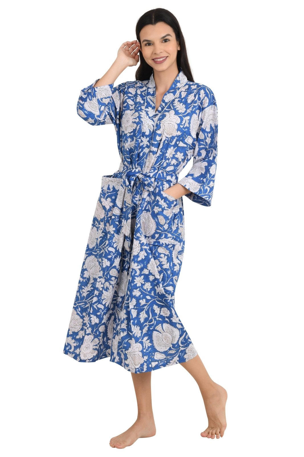 Boho Cotton Kimono House Robe Indian Handprinted Floral Print Pattern | Lightweight Summer Luxury Beach Holidays Yacht Cover Up Stunning Dress - The Eastern Loom