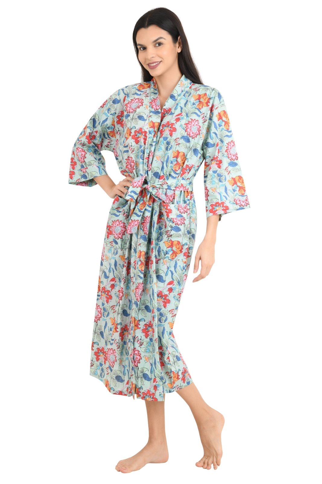 Boho Cotton Kimono House Robe Indian Handprinted Floral Print Pattern | Lightweight Summer Luxury Beach Holidays Yacht Cover Up Stunning Dress - The Eastern Loom