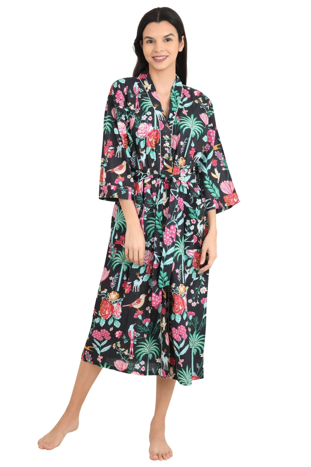 Boho Cotton Kimono House Robe Indian Handprinted Floral Print Pattern | Lightweight Summer Luxury Beach Holidays Yacht Cover Up Stunning Dress - The Eastern Loom