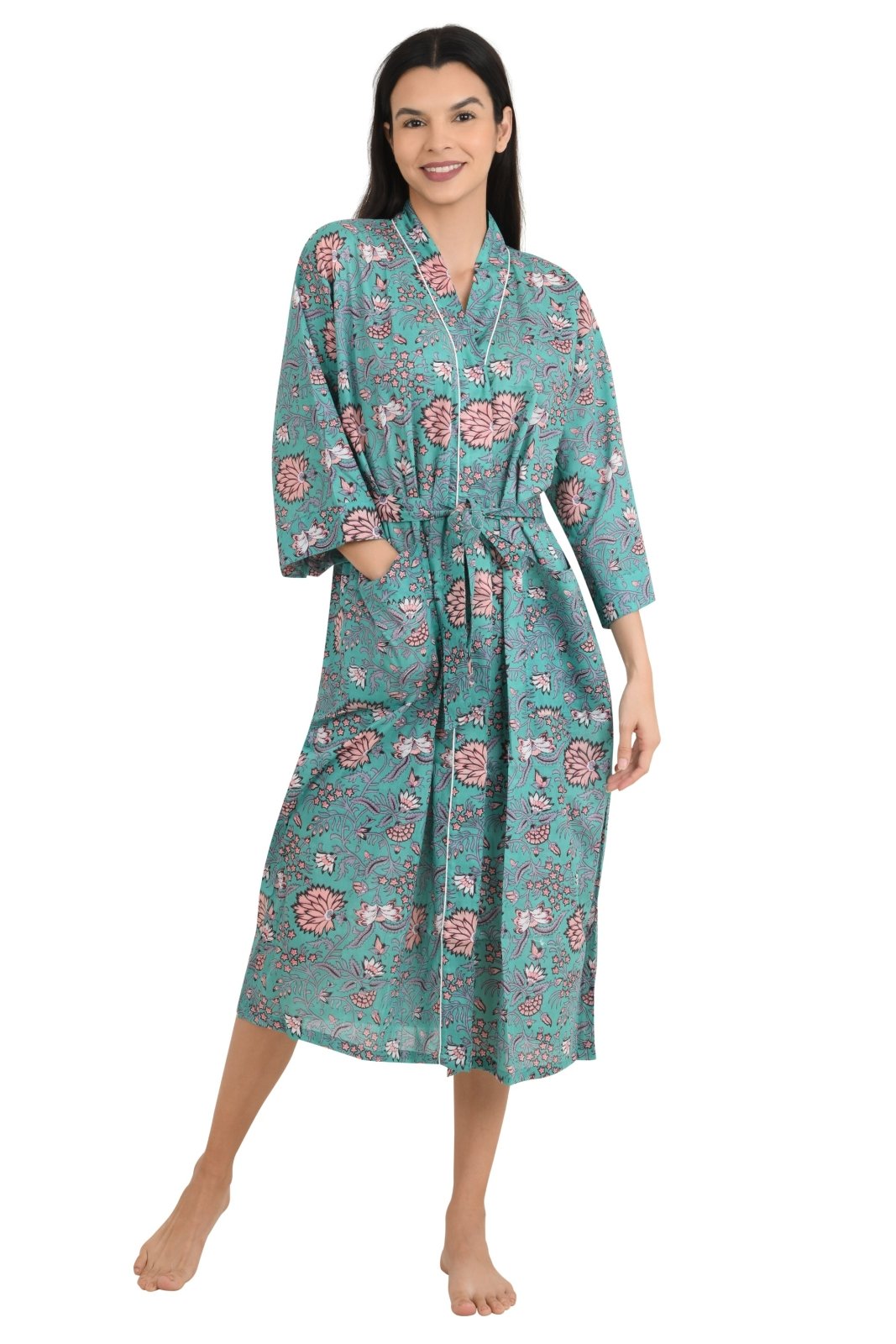 Boho Cotton Kimono House Robe Indian Handprinted Floral Print Pattern | Lightweight Summer Luxury Beach Holidays Yacht Cover Up Stunning Dress - The Eastern Loom