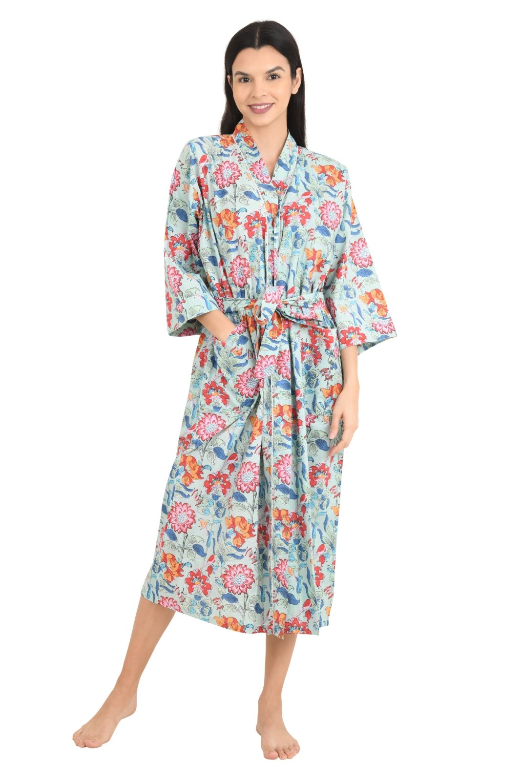 Boho Cotton Kimono House Robe Indian Handprinted Floral Print Pattern | Lightweight Summer Luxury Beach Holidays Yacht Cover Up Stunning Dress - The Eastern Loom