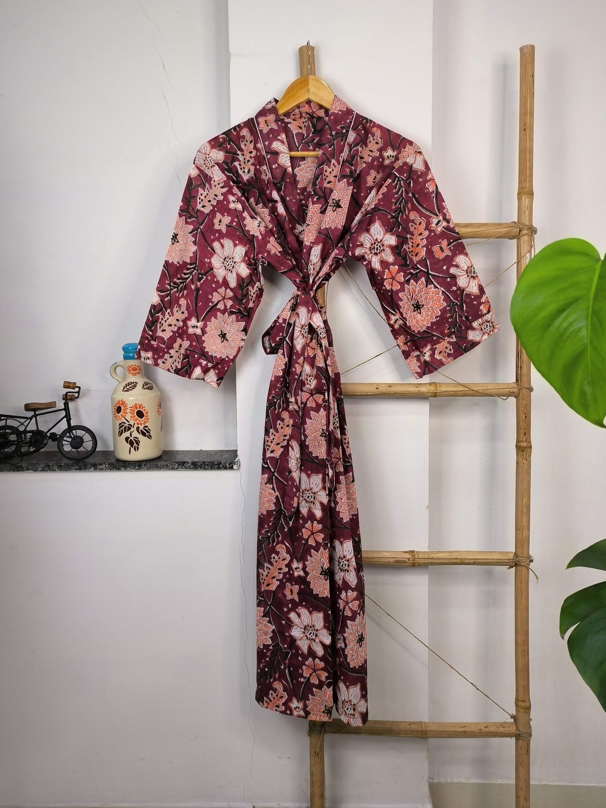 Boho Cotton Kimono House Robe Indian Handprinted Floral Print Pattern | Lightweight Summer Luxury Beach Holidays Yacht Cover Up Stunning Dress - The Eastern Loom