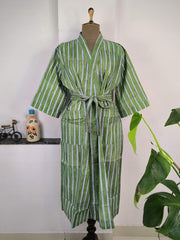Boho Cotton Kimono House Robe Indian Handprinted Floral Print Pattern | Lightweight Summer Luxury Beach Holidays Yacht Cover Up Stunning Dress - The Eastern Loom