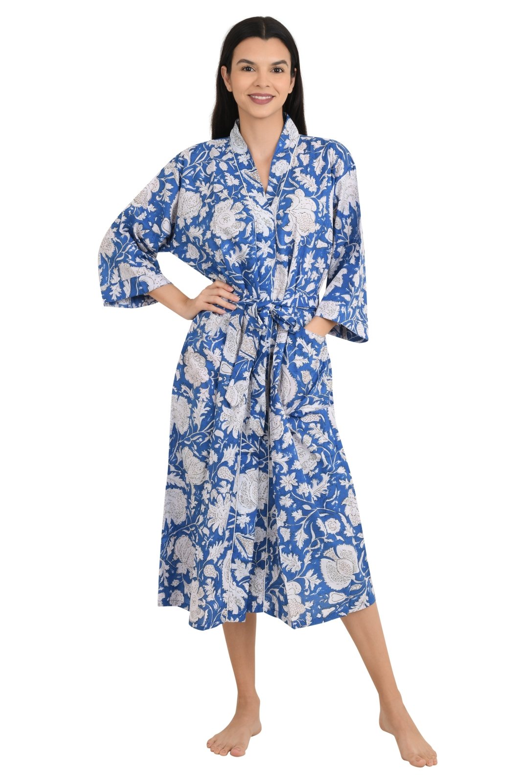 Boho Cotton Kimono House Robe Indian Handprinted Floral Print Pattern | Lightweight Summer Luxury Beach Holidays Yacht Cover Up Stunning Dress - The Eastern Loom