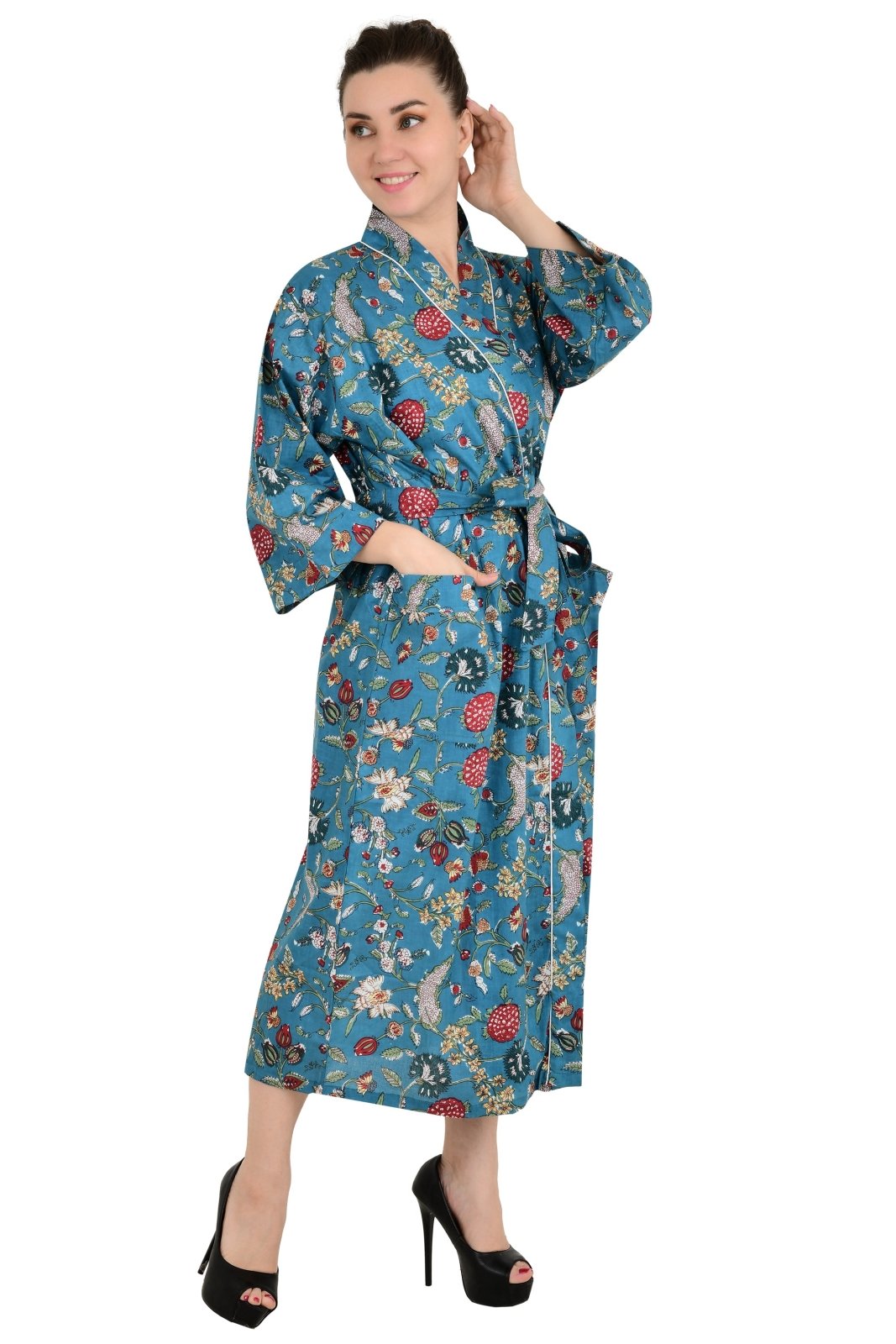 Boho Cotton Kimono House Robe Indian Handprinted Floral Rose | Lightweight Summer Luxury Beach Holidays Yacht Cover Up Stunning Dress - The Eastern Loom