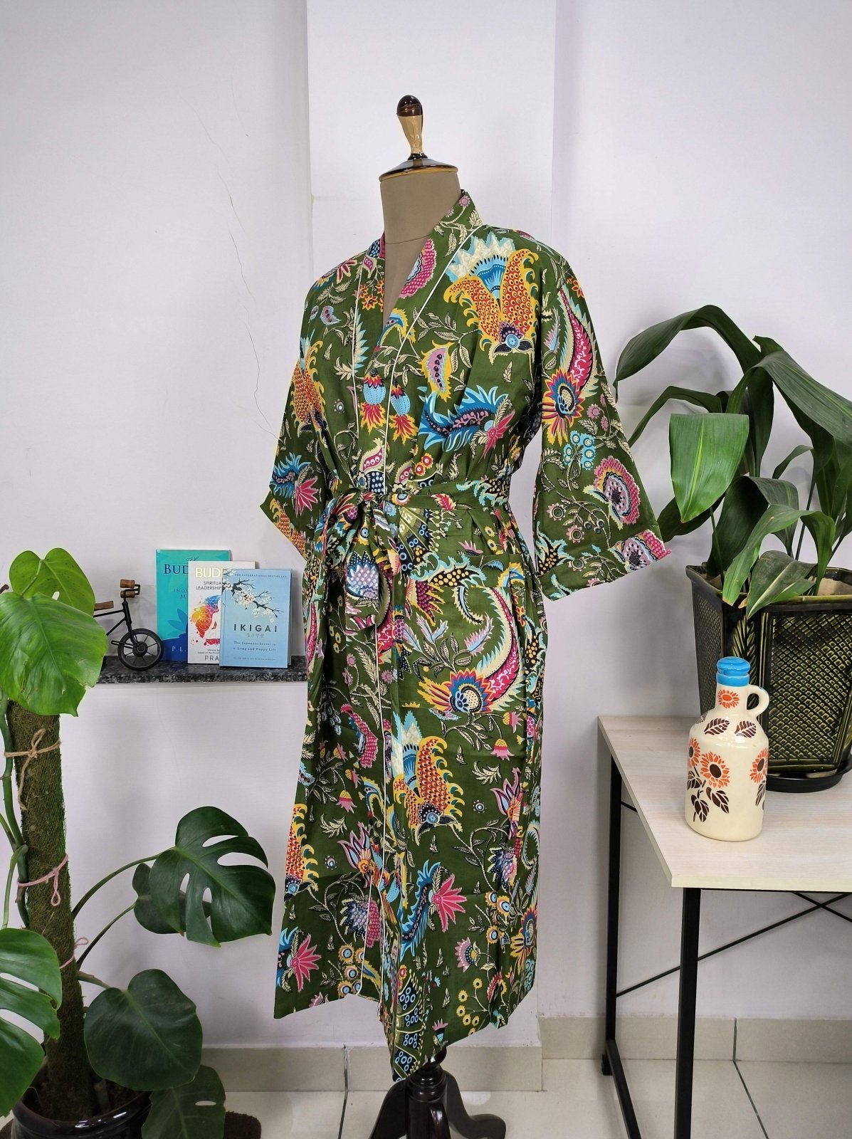 Boho Cotton Kimono House Robe Indian Handprinted Henna Green Botanical | Lightweight Summer Luxury Beach Holiday Cover Up Stunning Dress - The Eastern Loom