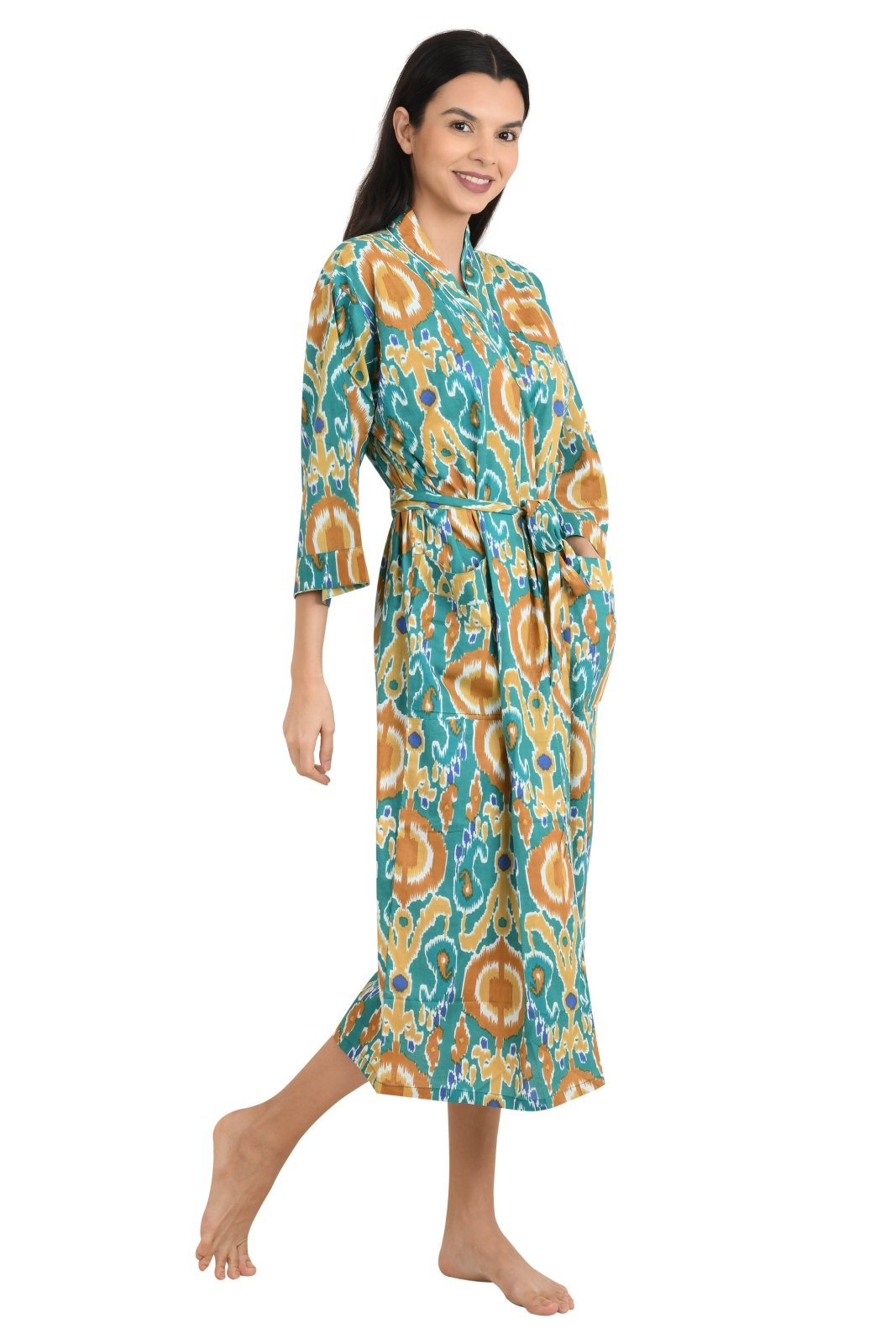 Boho Cotton Kimono House Robe Indian Handprinted Ikat Print Pattern | Lightweight Summer Luxury Beach Holidays Yacht Cover Up Stunning Dress - The Eastern Loom