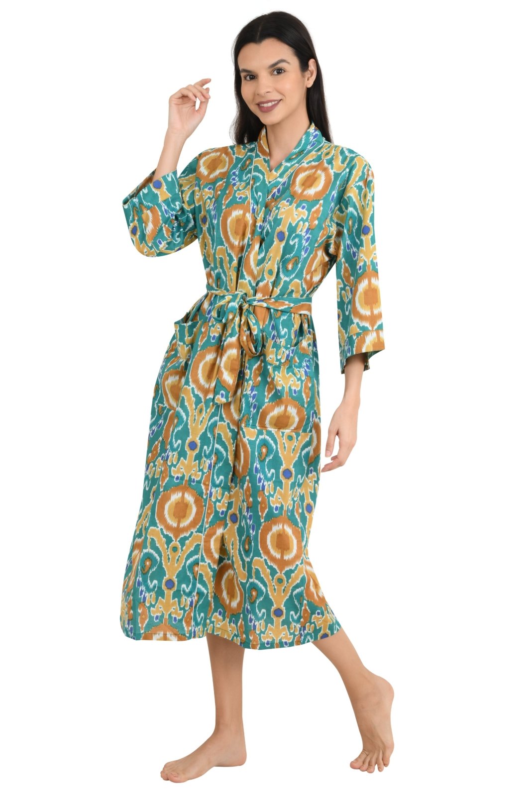 Boho Cotton Kimono House Robe Indian Handprinted Ikat Print Pattern | Lightweight Summer Luxury Beach Holidays Yacht Cover Up Stunning Dress - The Eastern Loom