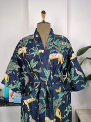 Boho Cotton Kimono House Robe Indian Handprinted Ink Blue Jungle Animal | Lightweight Summer Luxury Beach Holiday Cover Up Stunning Dress - The Eastern Loom