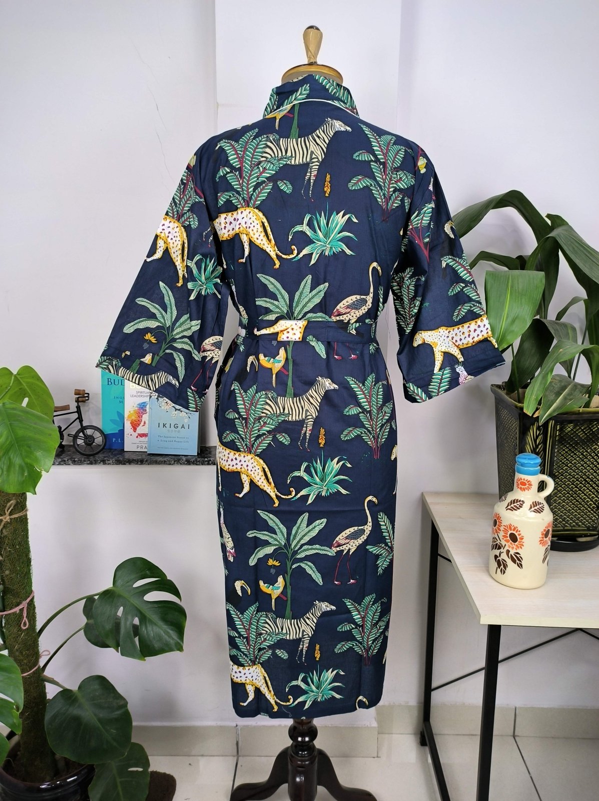 Boho Cotton Kimono House Robe Indian Handprinted Ink Blue Jungle Animal | Lightweight Summer Luxury Beach Holiday Cover Up Stunning Dress - The Eastern Loom