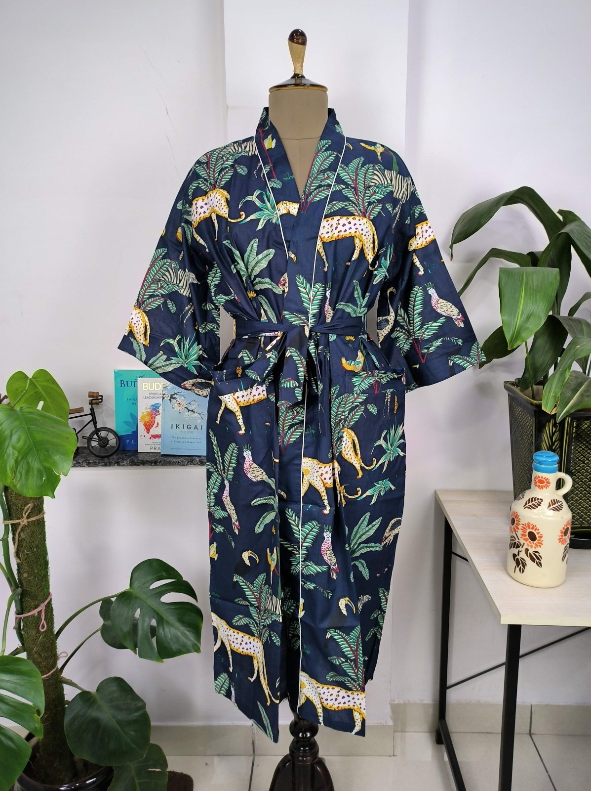 Boho Cotton Kimono House Robe Indian Handprinted Ink Blue Jungle Animal | Lightweight Summer Luxury Beach Holiday Cover Up Stunning Dress - The Eastern Loom