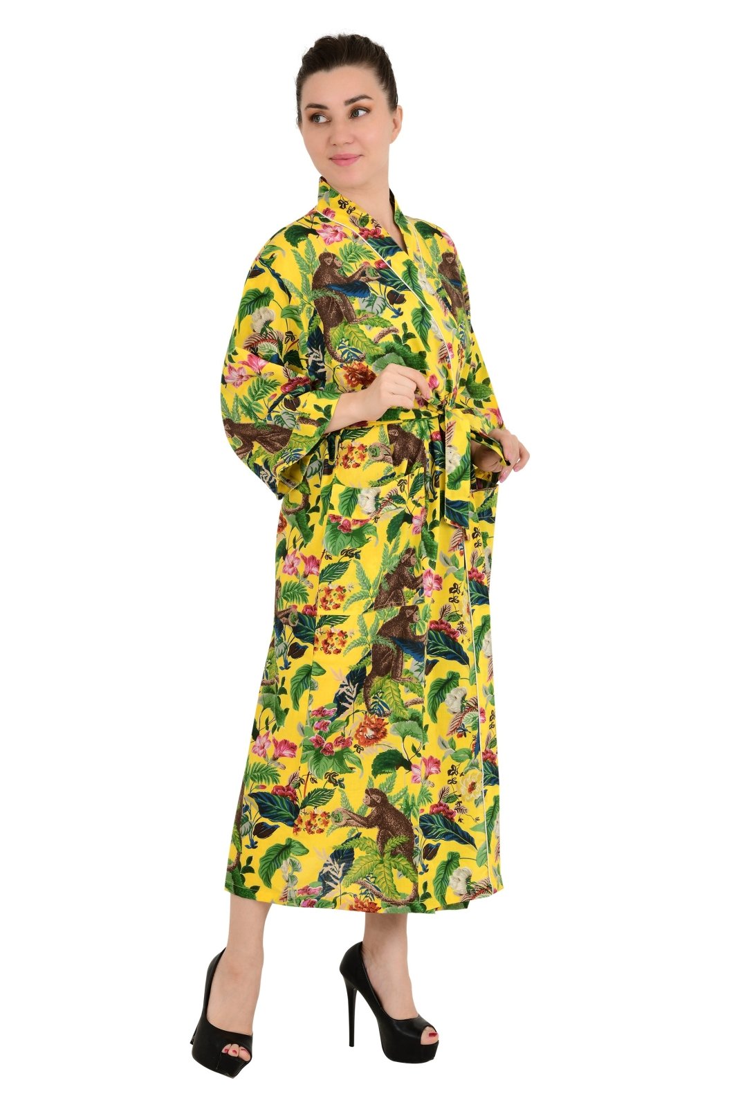 Boho Cotton Kimono House Robe Indian Handprinted Jungle Monkey Print | Lightweight Summer Luxury Beach Holidays Yacht Cover Up Stunning Dress - The Eastern Loom