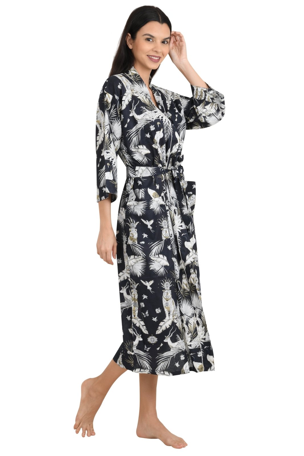 Boho Cotton Kimono House Robe Indian Handprinted Jungle Print Pattern | Lightweight Summer Luxury Beach Holidays Yacht Cover Up Stunning Dress - The Eastern Loom