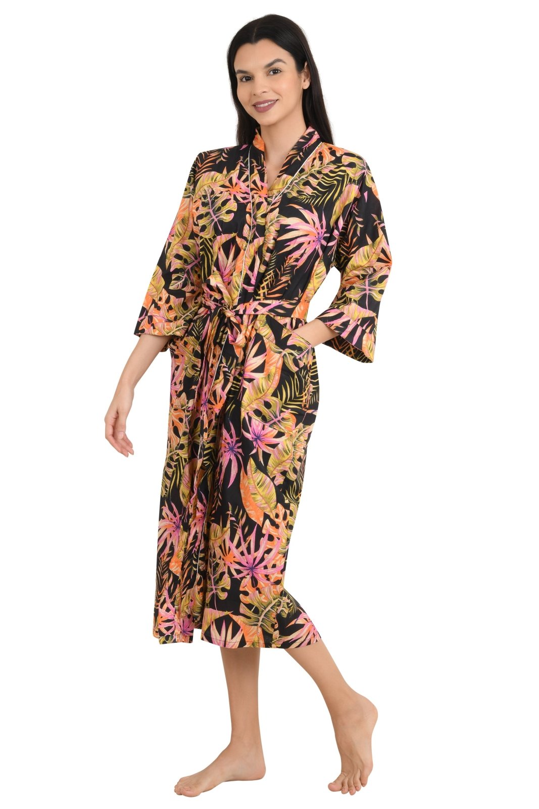 Boho Cotton Kimono House Robe Indian Handprinted Leaf Floral Print Pattern | Lightweight Summer Luxury Beach Holidays Yacht Cover Up Stunning Dress - The Eastern Loom