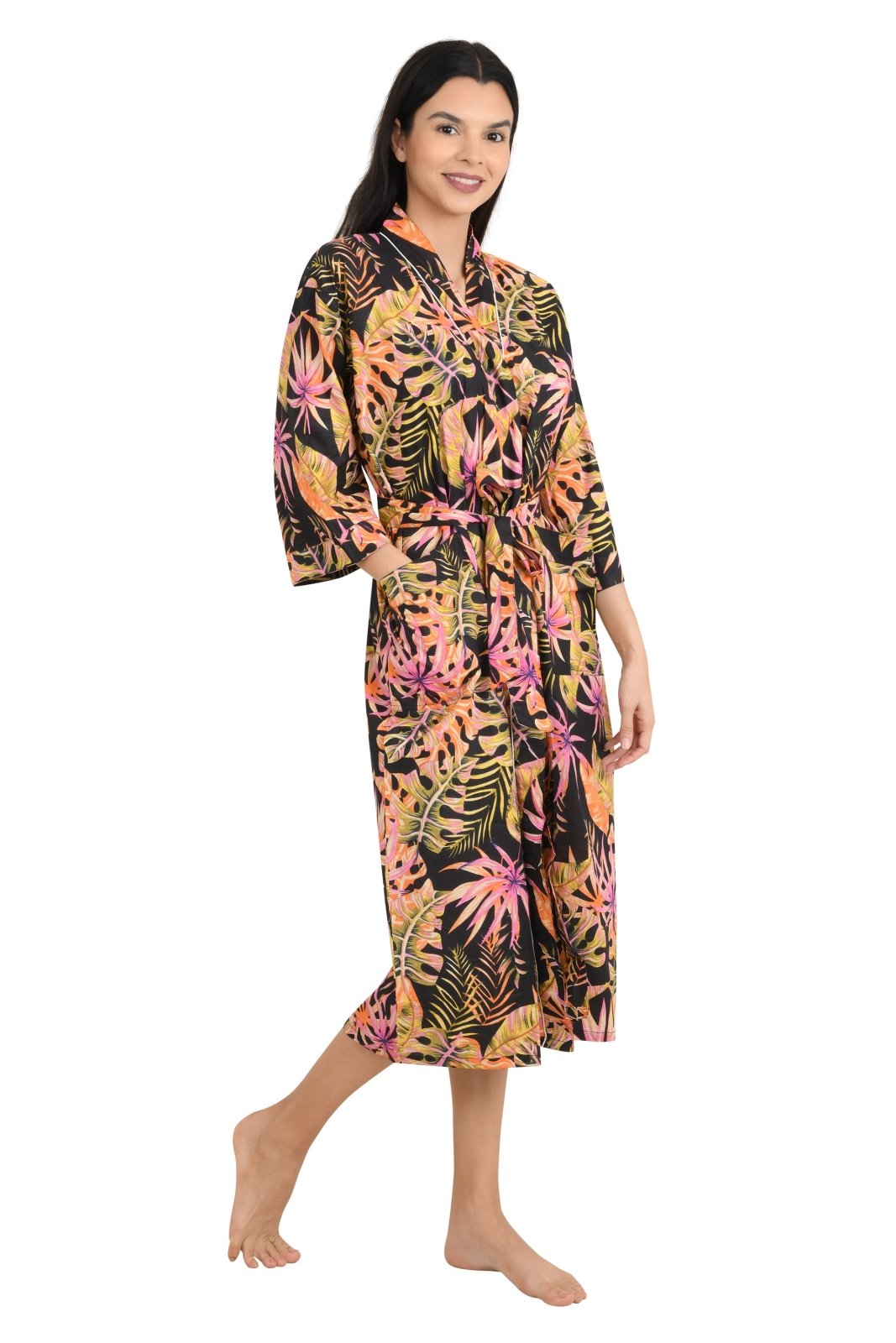 Boho Cotton Kimono House Robe Indian Handprinted Leaf Floral Print Pattern | Lightweight Summer Luxury Beach Holidays Yacht Cover Up Stunning Dress - The Eastern Loom