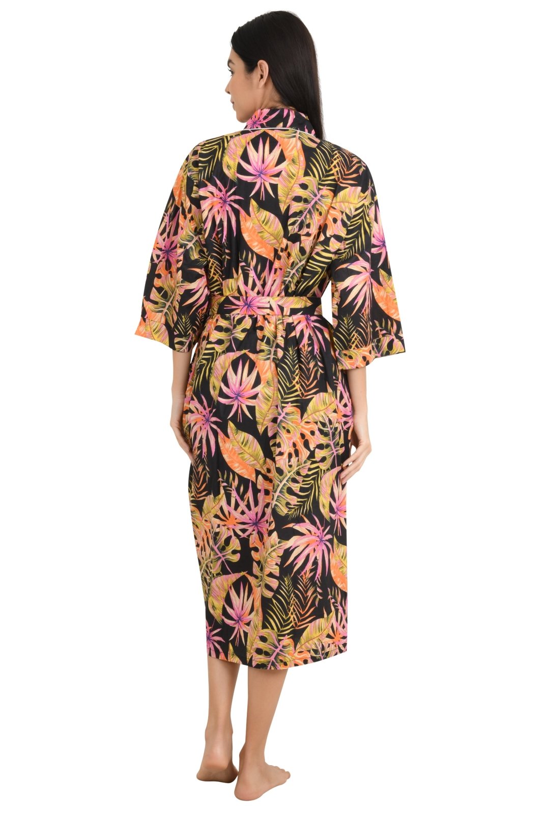 Boho Cotton Kimono House Robe Indian Handprinted Leaf Floral Print Pattern | Lightweight Summer Luxury Beach Holidays Yacht Cover Up Stunning Dress - The Eastern Loom