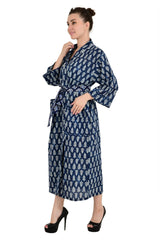 Boho Cotton Kimono House Robe Indian Handprinted Leaf Print Pattern | Lightweight Summer Luxury Beach Holidays Yacht Cover Up Stunning Dress - The Eastern Loom