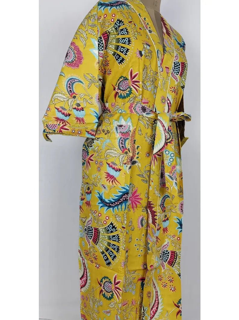 Boho Cotton Kimono House Robe Indian Handprinted Mustard Jungle Tribe | Lightweight Summer Luxury Beach Holiday Cover Up Stunning Dress - The Eastern Loom