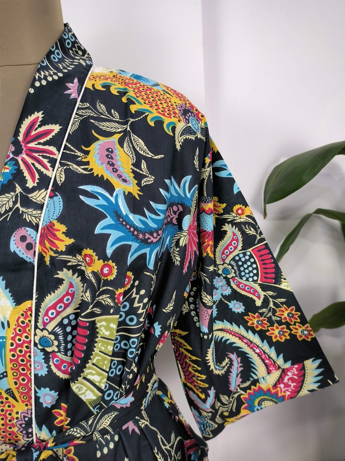 Boho Cotton Kimono House Robe Indian Handprinted Pink Night Jungle Theme | Lightweight Summer Luxury Beach Holiday Cover Up Stunning Dress - The Eastern Loom