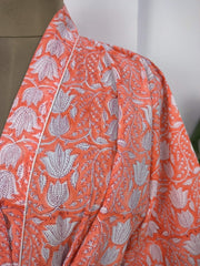 Boho Cotton Kimono House Robe Indian Handprinted Pink Sunrise Orange Bagh | Lightweight Summer Luxury Beach Holiday Cover Up Stunning Dress - The Eastern Loom