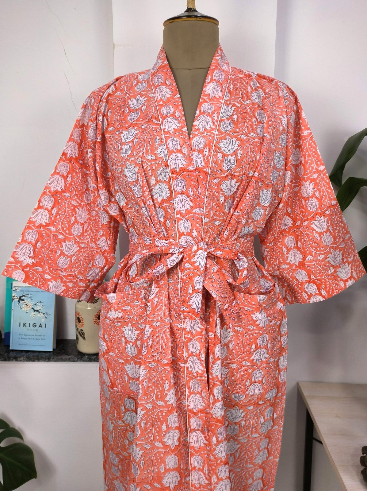 Boho Cotton Kimono House Robe Indian Handprinted Pink Sunrise Orange Bagh | Lightweight Summer Luxury Beach Holiday Cover Up Stunning Dress - The Eastern Loom