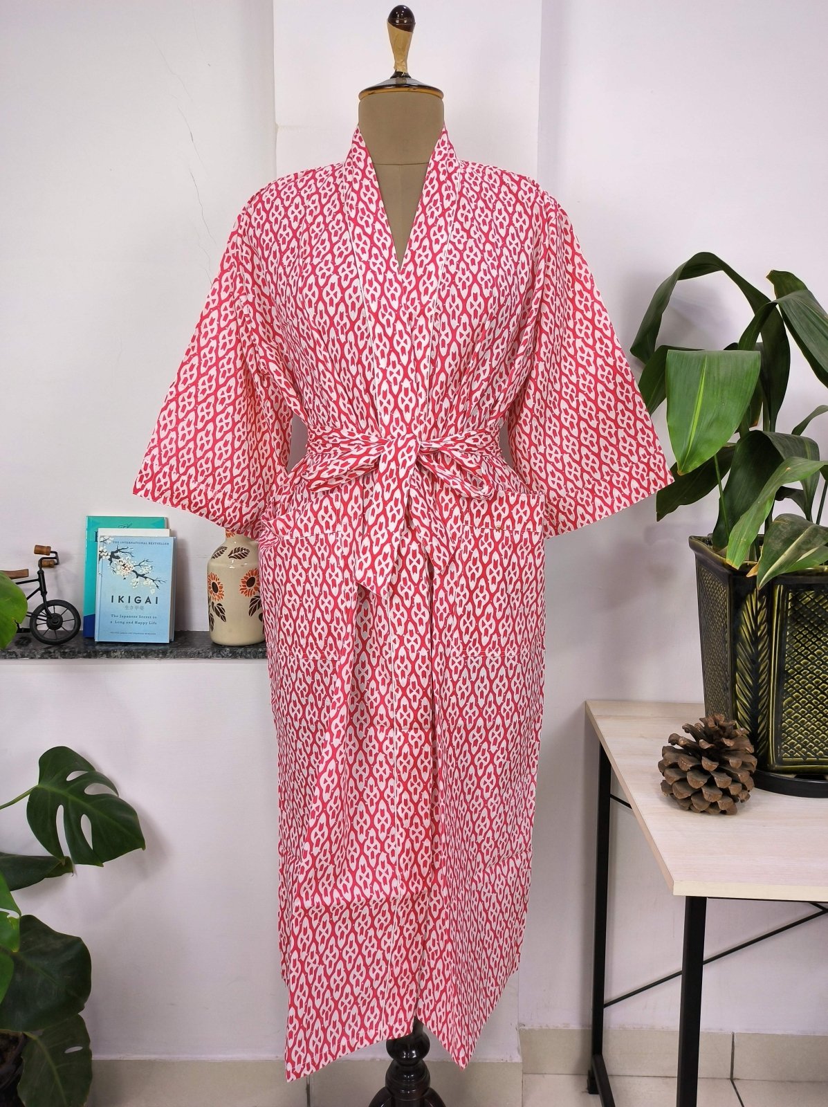 Boho Cotton Kimono House Robe Indian Handprinted Pink White Abstract Print | Lightweight Summer Luxury Beach Holiday Cover Up Stunning Dress - The Eastern Loom