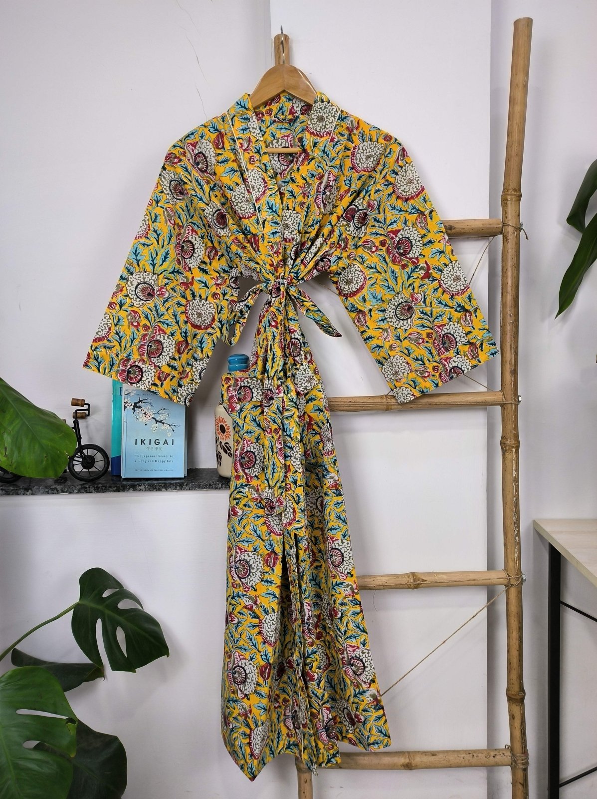 Boho Cotton Kimono House Robe Indian Handprinted Pink Yellow Garden Floral | Lightweight Summer Luxury Beach Holiday Cover Up Stunning Dress - The Eastern Loom