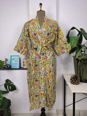Boho Cotton Kimono House Robe Indian Handprinted Pink Yellow Garden Floral | Lightweight Summer Luxury Beach Holiday Cover Up Stunning Dress - The Eastern Loom