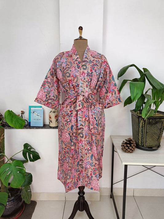 Boho Cotton Kimono House Robe Indian Handprinted Quick Sand Floral | Lightweight Summer Luxury Beach Holidays Yacht Cover Up Stunning Dress - The Eastern Loom