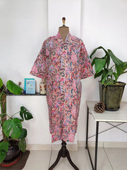 Boho Cotton Kimono House Robe Indian Handprinted Quick Sand Floral | Lightweight Summer Luxury Beach Holidays Yacht Cover Up Stunning Dress - The Eastern Loom