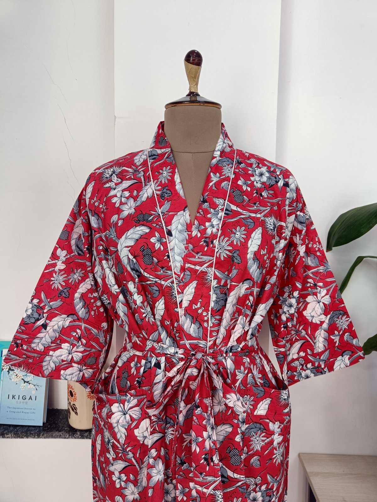 Boho Cotton Kimono House Robe Indian Handprinted Red Wild Floral Chic | Lightweight Summer Luxury Beach Holiday Cover Up Stunning Bride Dres - The Eastern Loom