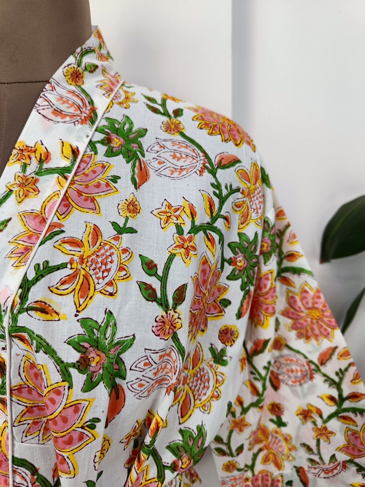 Boho Cotton Kimono House Robe Indian Handprinted White Botanical | Lightweight Summer Luxury Beach Holidays Cover Up Stunning Bride Dress - The Eastern Loom