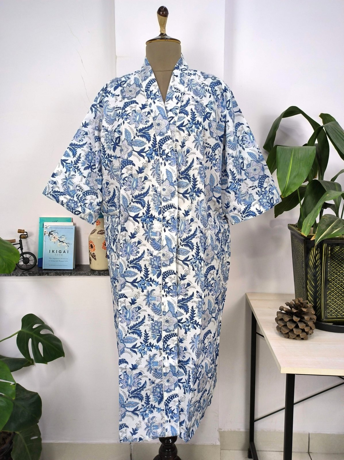 Boho Cotton Kimono House Robe Indian Handprinted White Indigo Botanical | Lightweight Summer Luxury Beach Holiday Cover Up Stunning Dress - The Eastern Loom