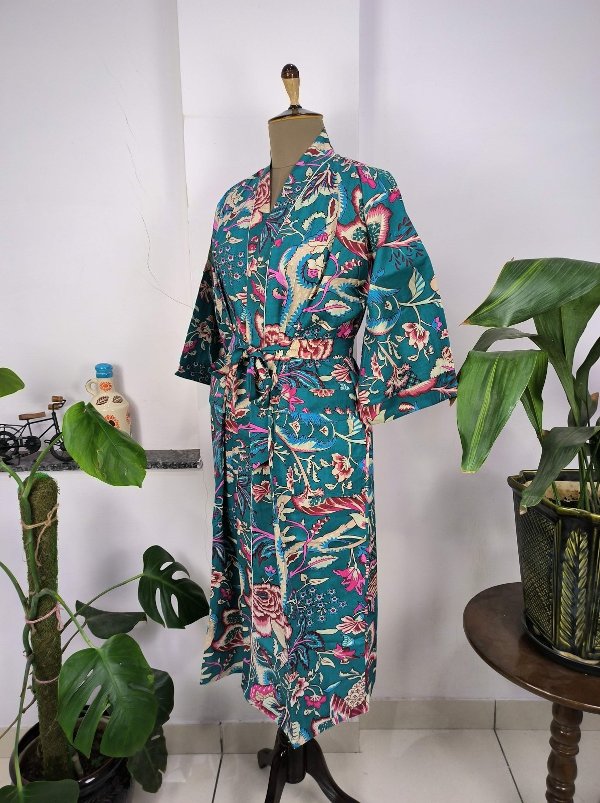 Boho House Robe Indian Handprinted Cotton Kimono Aquatic Green Florals | Perfect Summer Luxury Beach Holidays Yacht Cover Up Stunning Dress - The Eastern Loom