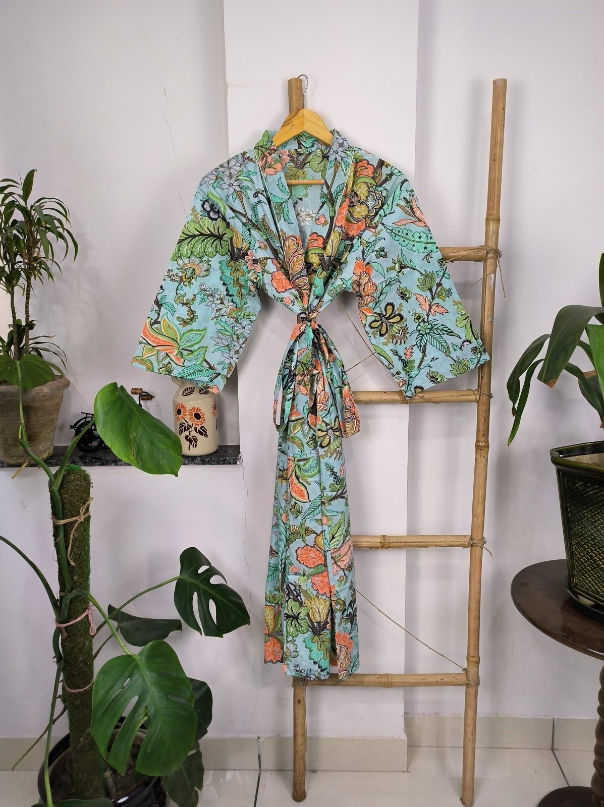 Boho House Robe Indian Handprinted Cotton Kimono Blue Botanical | Perfect for Summer Luxury Beach Holidays Yacht Cover Up Stunning Dress - The Eastern Loom
