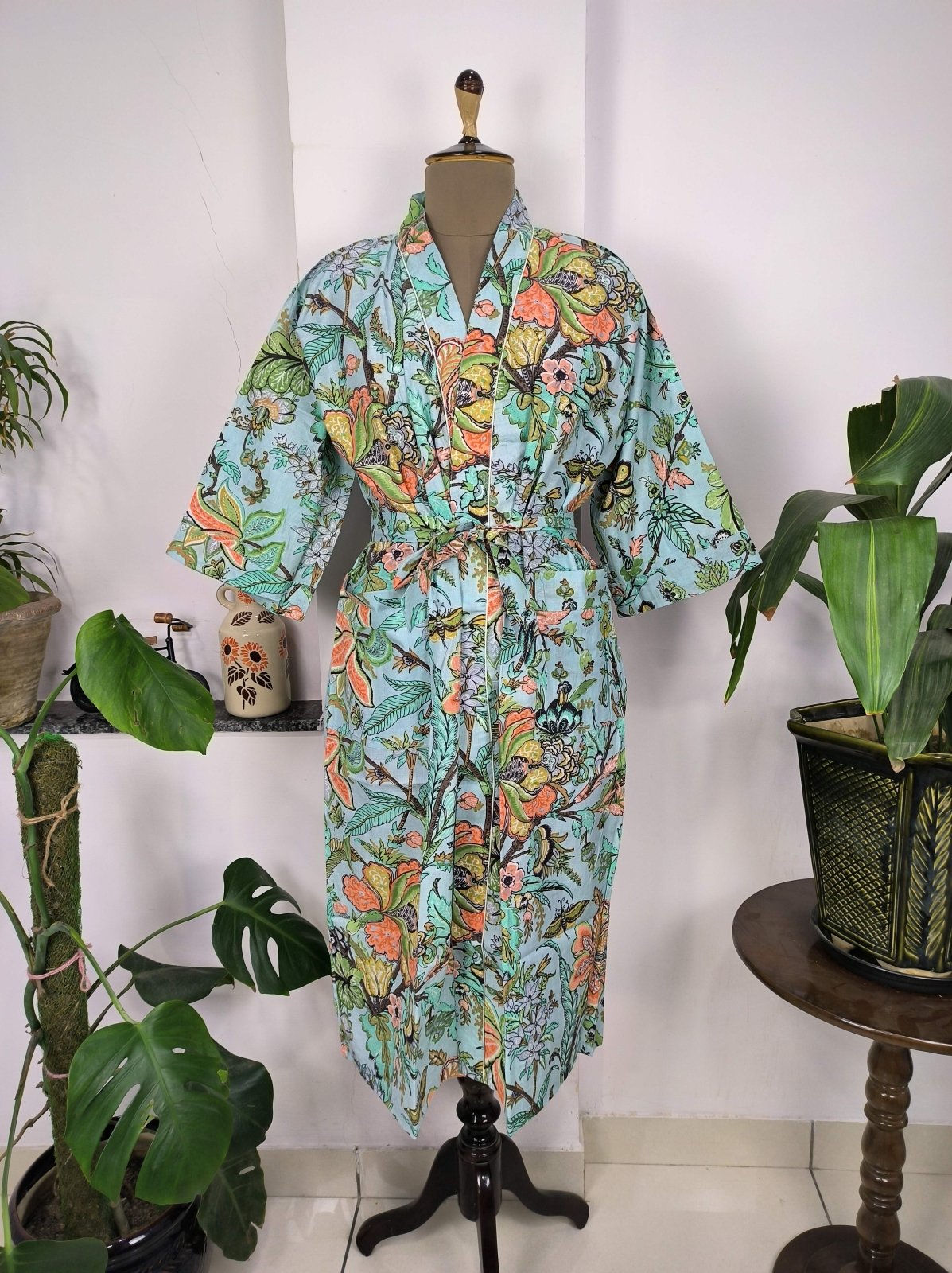 Boho House Robe Indian Handprinted Cotton Kimono Blue Botanical | Perfect for Summer Luxury Beach Holidays Yacht Cover Up Stunning Dress - The Eastern Loom