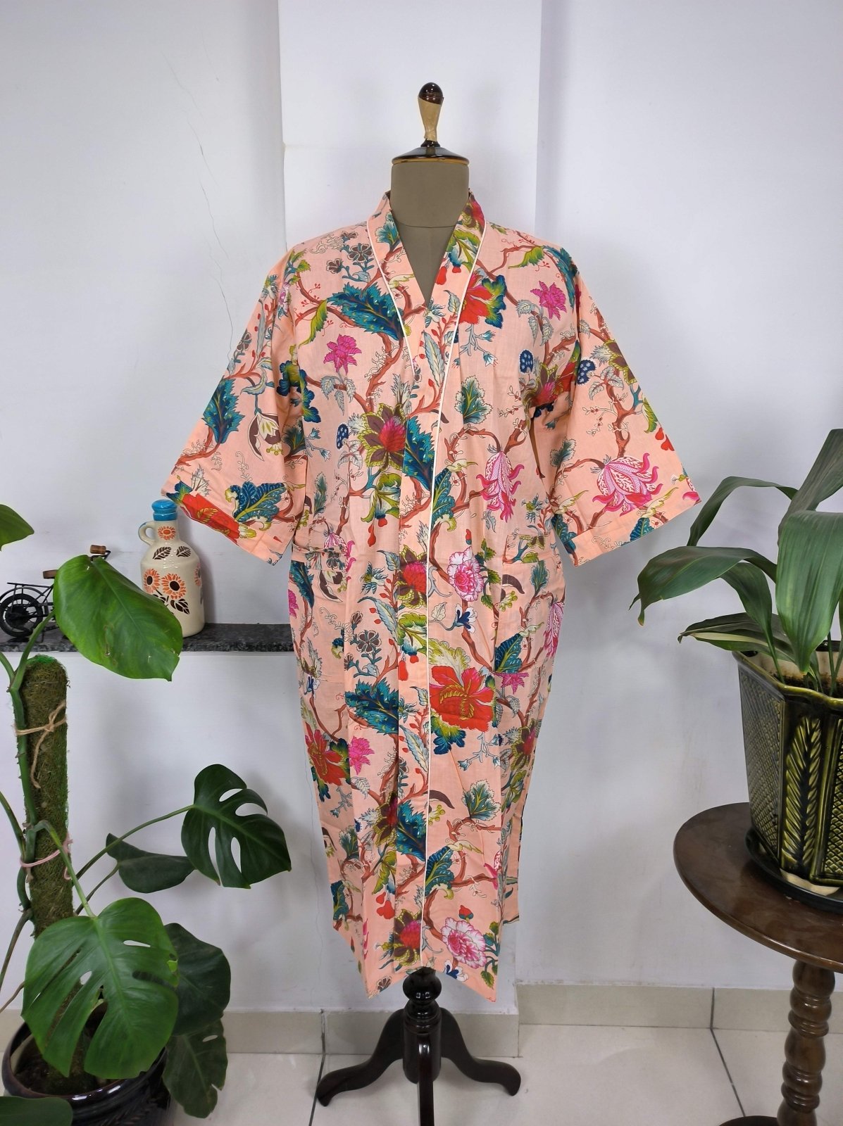 Boho House Robe Indian Handprinted Cotton Kimono Botanical Patter | Perfect for Summer Luxury Beach Holidays Yacht Cover Up Stunning Dress - The Eastern Loom